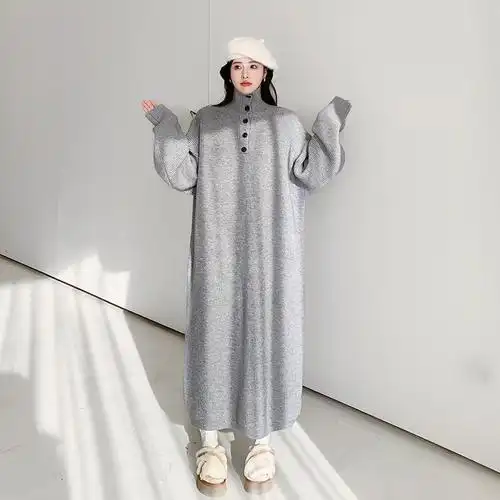 现货实拍 秋冬新款 灰色慵懒风针织连衣裙韩系大码长款过膝毛衣裙