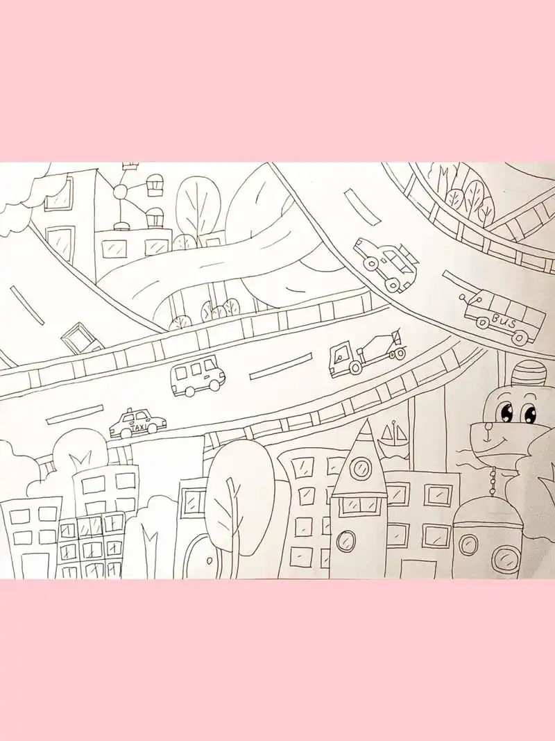 『交通主题画』热闹的马路 公路简笔画幼师主题画 随便画的 你们自己