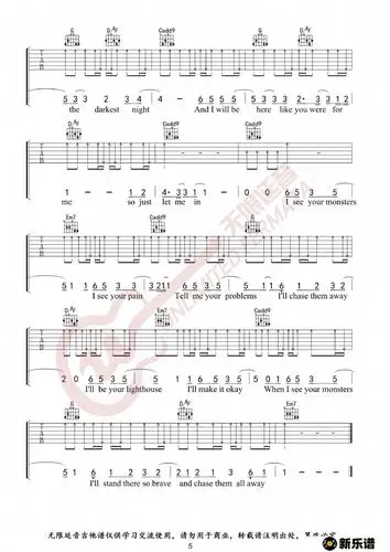 歌曲抖音热曲 monsters 吉他谱的简谱歌谱下载