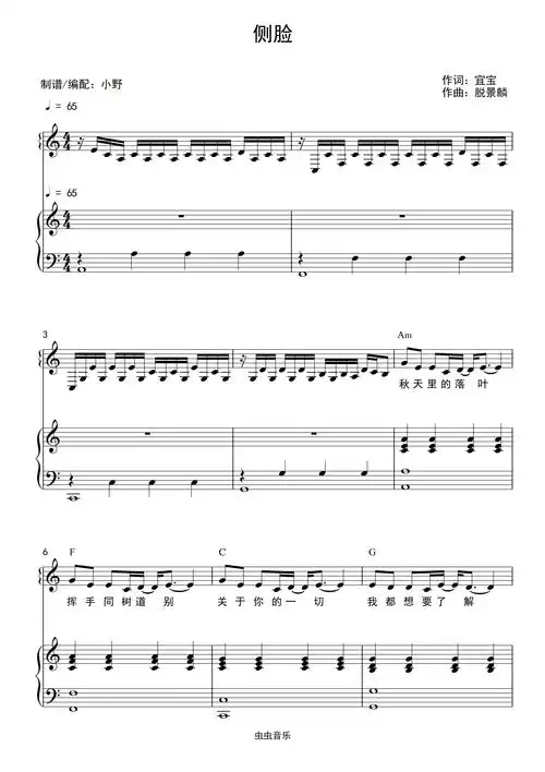 侧脸(和弦弹唱版)钢琴谱-c调-虫虫钢琴