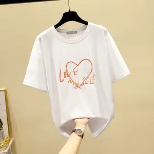 宽松刺绣白色t恤女短袖2021夏装新款韩版字母爱心图案大码上衣潮