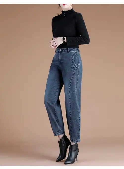 秋冬高腰牛仔裤女萝卜裤女秋高腰时尚洋气牛仔裤显瘦气质百搭宽松九分