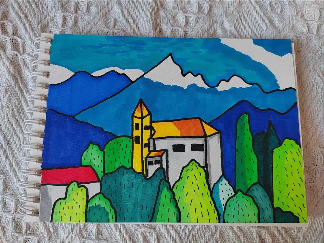 治愈系风景 #马克笔 #简笔画  - 抖音