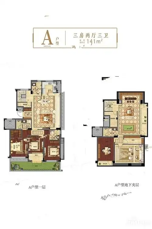 湖州滨江湖畔春晓a户型一楼带地下室户型图_首付金额_3室2厅2卫_141.