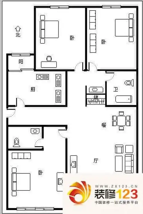 和谐家园二区 3室 户型图 .