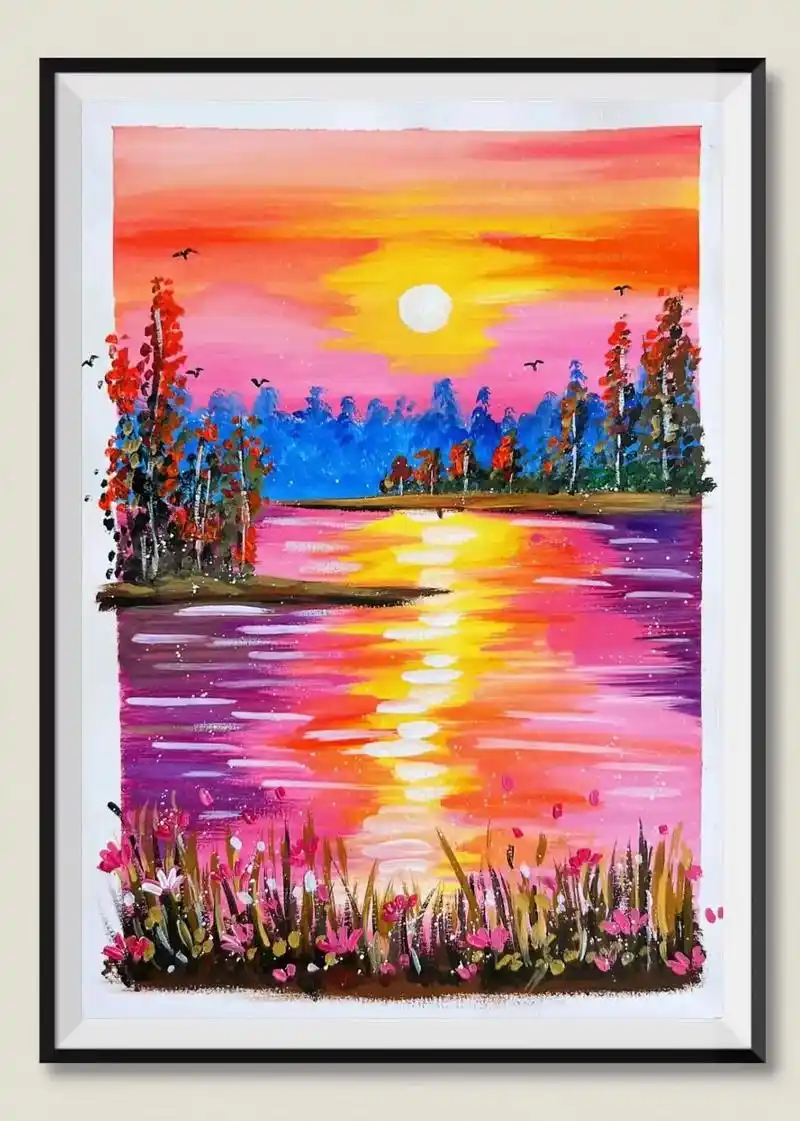 简易水粉画《落日晚霞》创作步骤.#一起学画画 #想画就画 # - 抖音