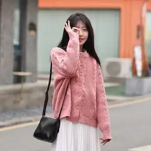 艺野系 小个子圆领短款粉色麻花毛衣开衫女春秋复古清新针织外套