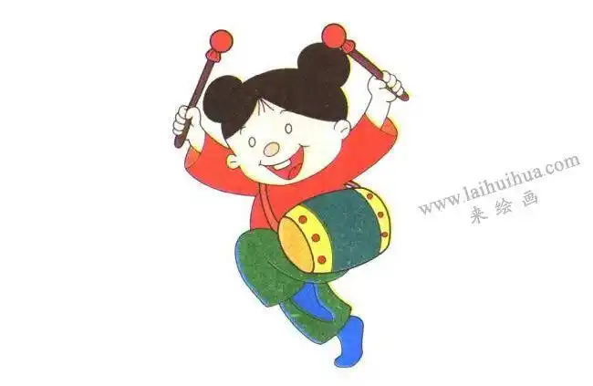 打鼓女孩的儿童卡通画法步骤- 小南美术网