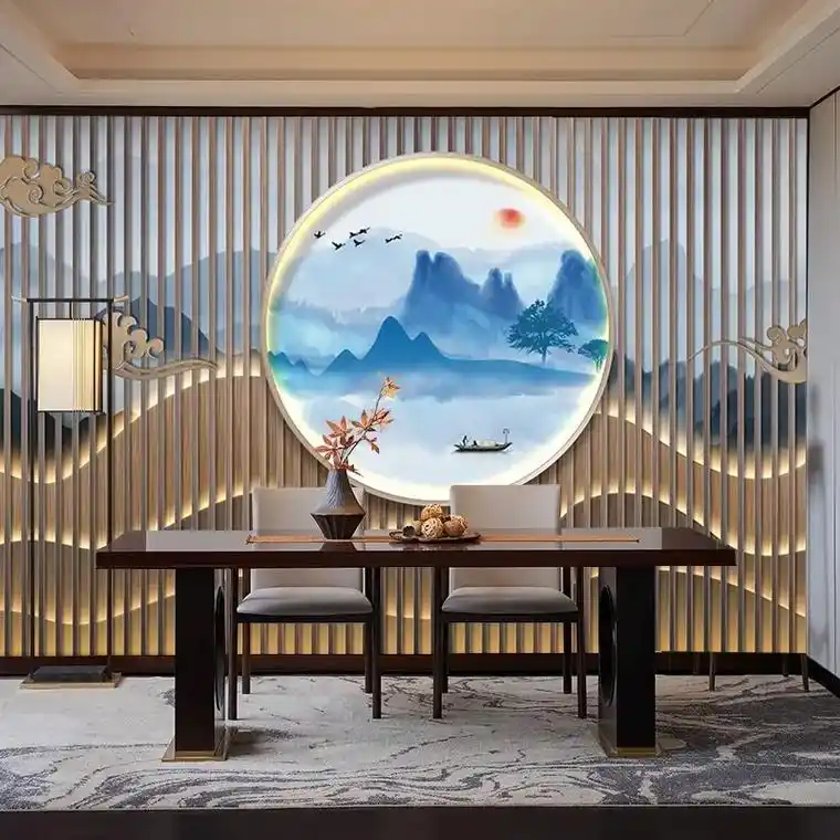 新中式木格栅茶楼茶馆背景墙壁纸酒店大厅养生馆前台壁画客厅书房