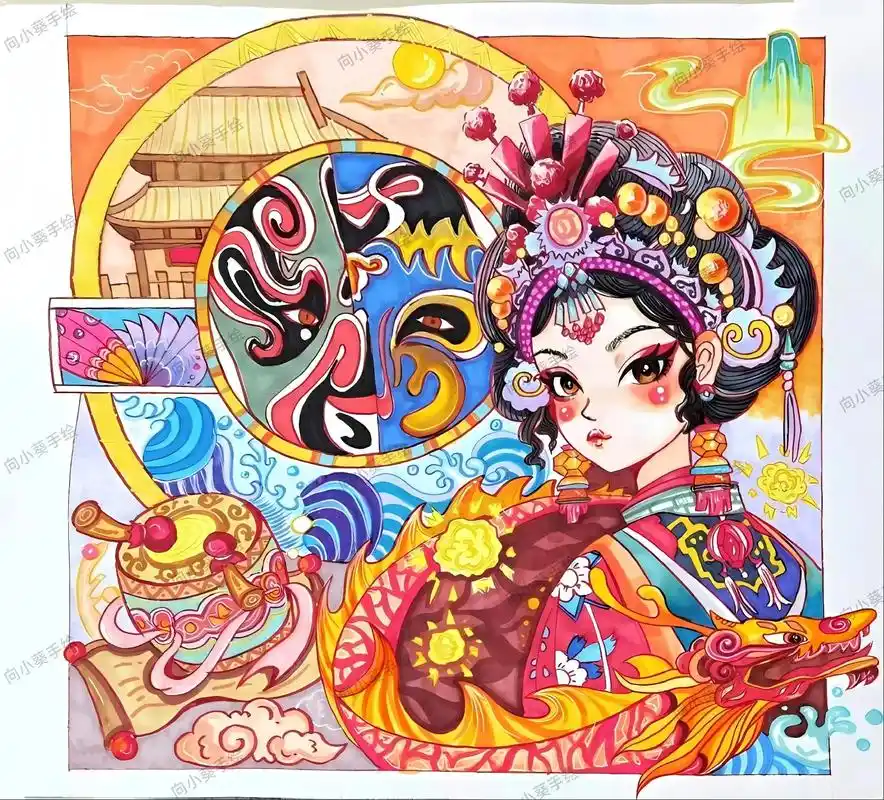 非遗主题儿童画水彩画马克笔手绘|传统文化主题画儿童画水彩画一 - 抖