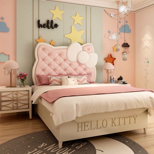 hellokitty公主床实木软包现代简约少女单人床卡通粉色女孩儿童床