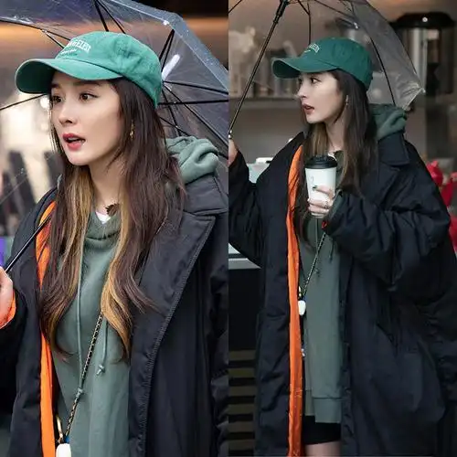 杨幂明星同款黑色羽绒棉服大衣22冬季新款宽松时尚拼色棉衣外套女