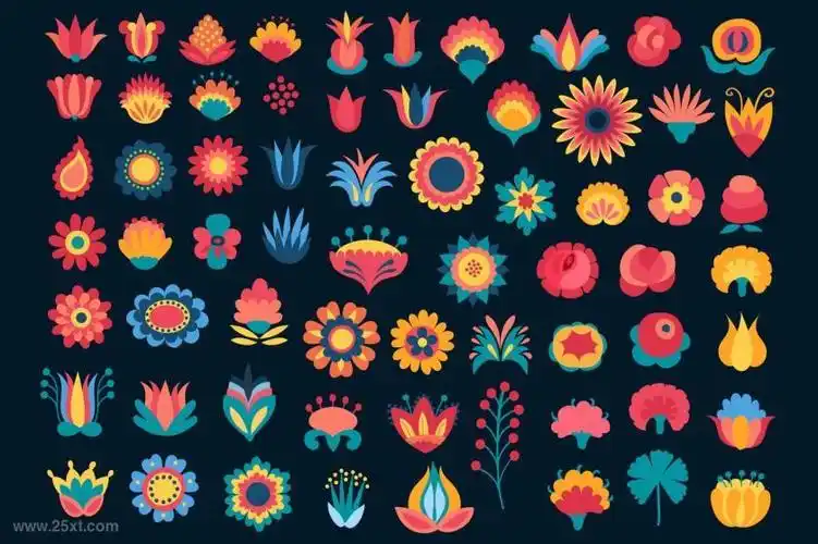 民间艺术风格的花卉植物平面矢量插画素材