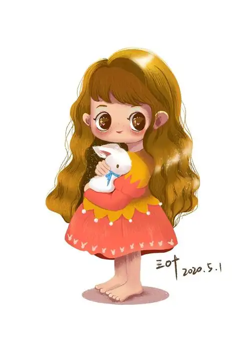 卡通抱着兔子的小女孩