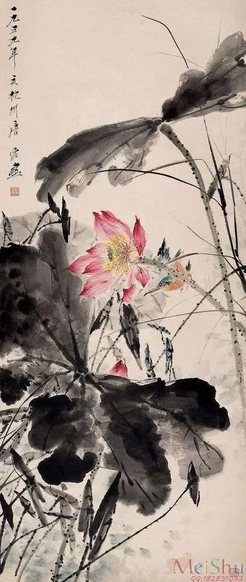 荷花翠鸟1959(中国美术馆)高仿名家国画花鸟花卉植物立轴图片-7m-1086