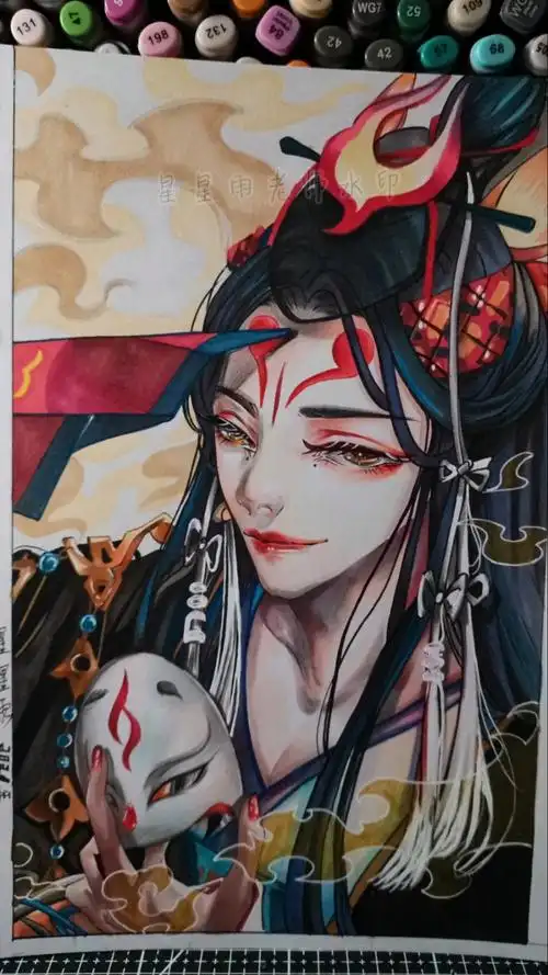 马克笔手绘#阴阳师晴明完成稿,网课内容分享