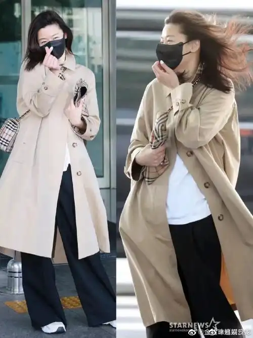 全智贤机场出发图##全智贤机场风衣穿搭