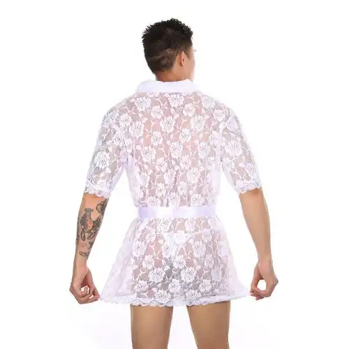 男士网纱丝袜般薄浴袍 男长款丝浴袍透明和服开衩丁字裤透视内衣