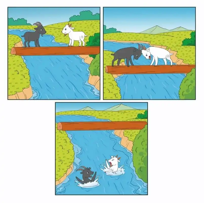 看图写话 两只山羊过桥 晴空万里的一天,一只白羊和一只黑羊在小河的