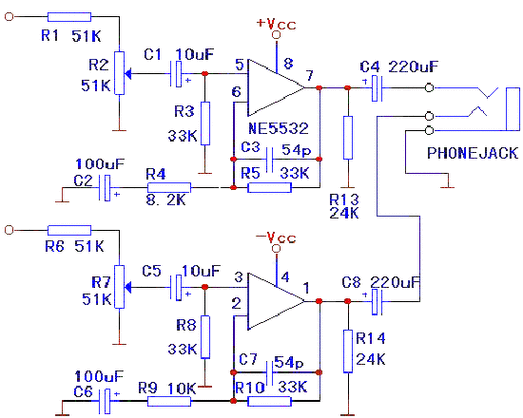 基于ne5532的耳机放大器电路图