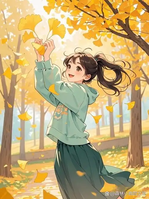 秋风起,银杏叶黄,女孩在公园里欢快地捡起一片片落叶,仿佛在与秋天