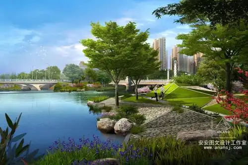 安安设计表现,各式河道景观的道路绿化效果图设计