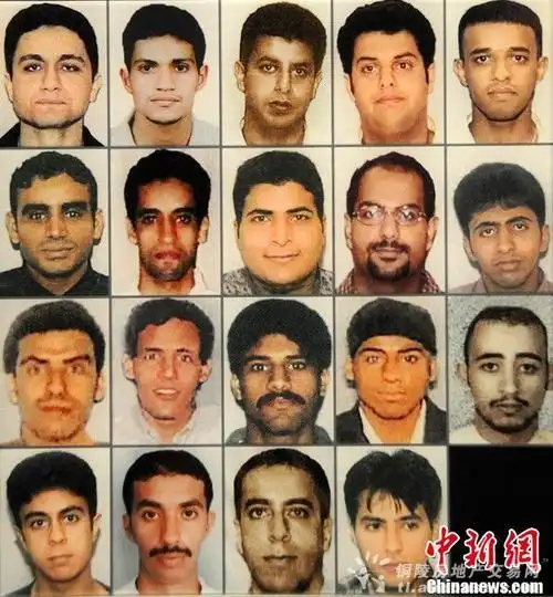 了19名实施劫机的"基地"组织分子照片,令9·11恐怖袭击的元凶露出"