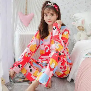 睡衣女秋少女长袖学生甜美可爱韩版宽松加大码春秋两件套装家居服红