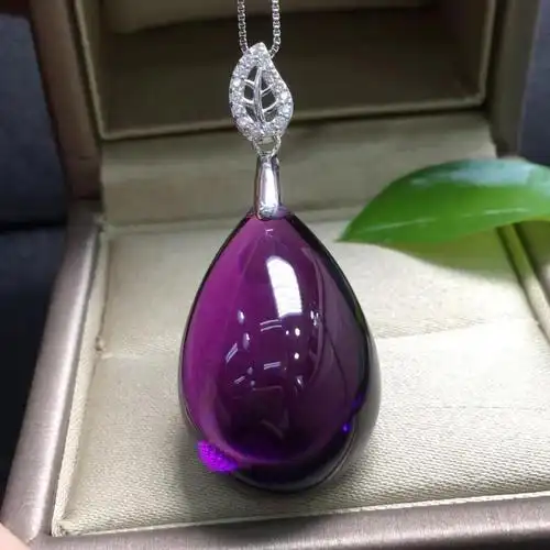 一北 原矿宝石级乌拉圭紫水晶水滴吊坠项链 深紫色925银女款锁骨链