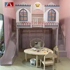 全实木儿童城堡公主床秘密基地床高低双层子母床滑滑梯床带秋千