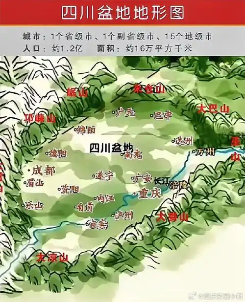 重庆#四川盆地地形图,被一众大山包围着重庆