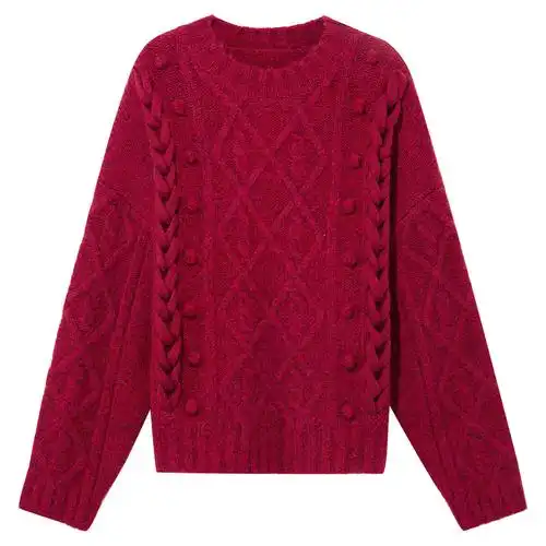 三彩2020冬季新款手工编织麻花宽松落肩红色套头毛衣女