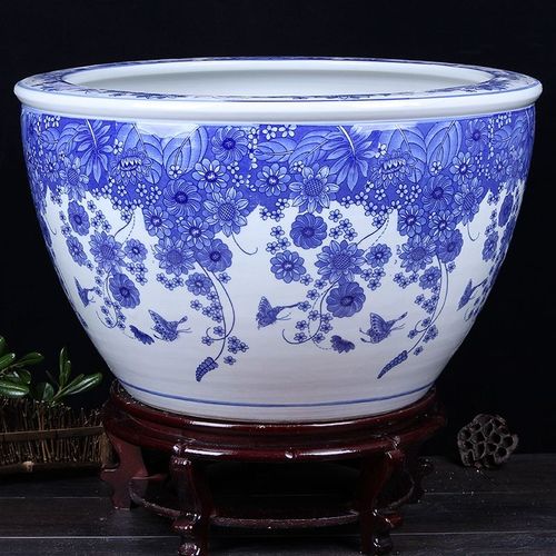 欧品缘特景德镇陶瓷青花瓷器鱼缸大号风水鱼缸睡莲碗莲缸蝶恋花 平口