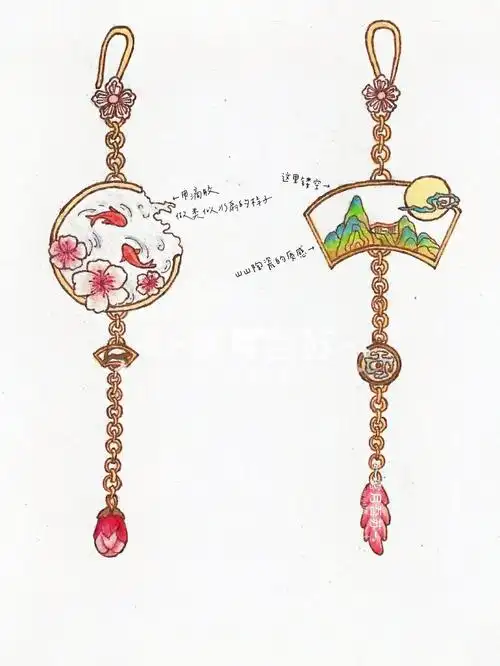 钢笔淡彩手绘古风耳饰设计