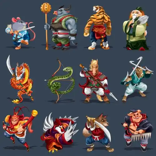 中国古风传统建筑场景十二生肖卡通武侠人物矢量素材「ai eps」