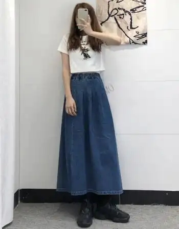 牛仔半身裙松紧腰长裙女春秋高腰复古港风学生中长款a字伞裙蓝色s