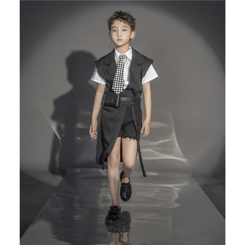 布恋猫男童模特走秀时装潮服套装3-12岁小男孩t台衣服酷帅潮 男半西