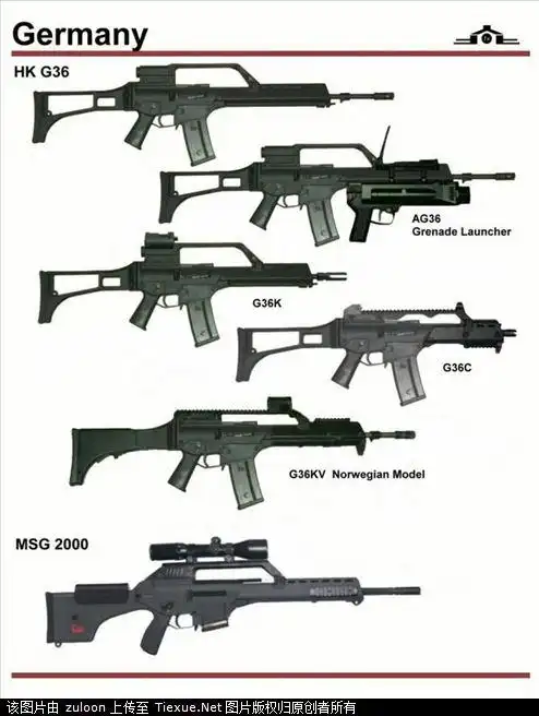 步枪:hk系列的g1,g3,g3a3,g3a4,g11k2,xm-8,416,416c,417,g36,g36k