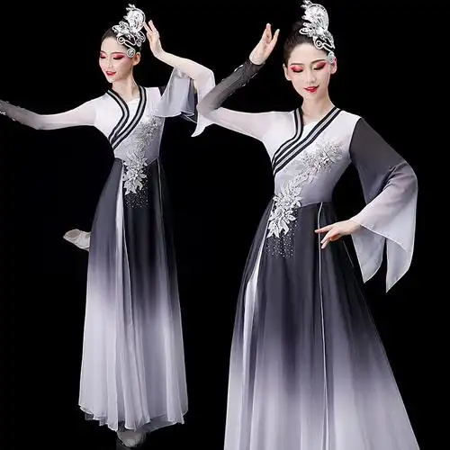 水墨兰亭舞蹈服古典舞演出服女飘逸中国风独舞仙女扇子装现代伞舞