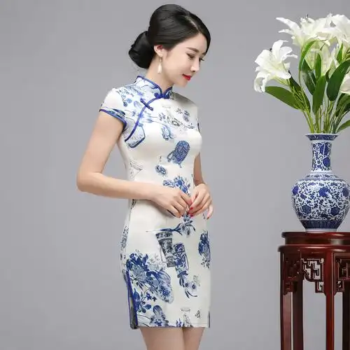 一件代发2018热销 夏季新款高开衩真丝旗袍时尚显瘦女装短款旗袍