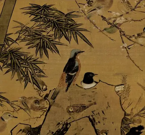 明 边景昭 三友百禽图古代名家工笔花鸟画竖幅真迹高清微喷复制品