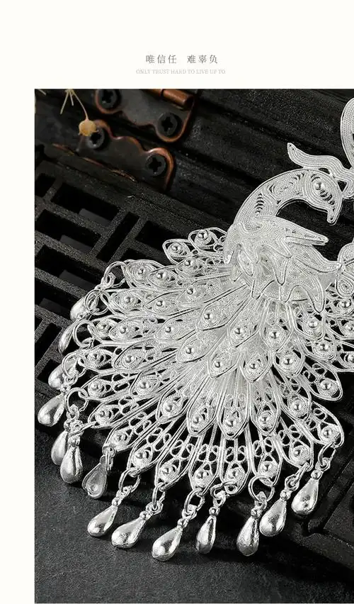 美芙仁定制足银花丝孔雀吊坠新款国潮银项坠镂空毛衣链时尚气质饰品银