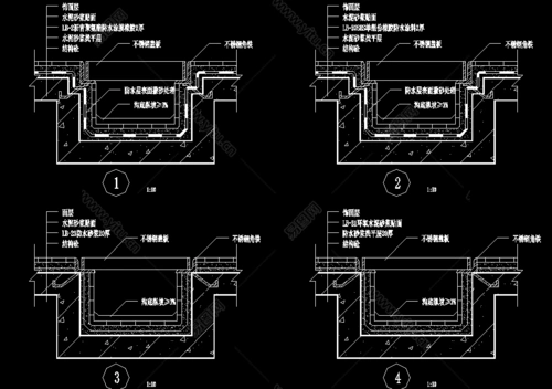 里面含有厨,浴,厕明沟排水口节点防水构造图图纸,地下室疏排水剖面