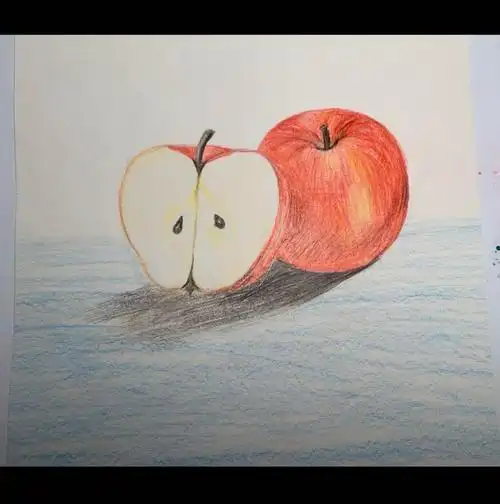 三(2)班李悦妤《苹果》 彩铅笔触细腻,苹果明暗处理到位,很有立体感!