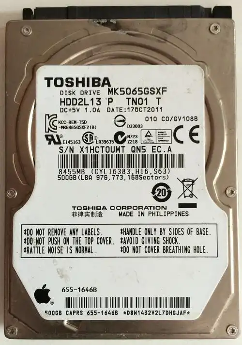 原装苹果笔记本500g硬盘东芝mk5065gsxf板号g002825a