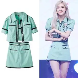 blackpink打歌服朴彩英rose同款夏装绿色小香风上衣裙子套装夏女