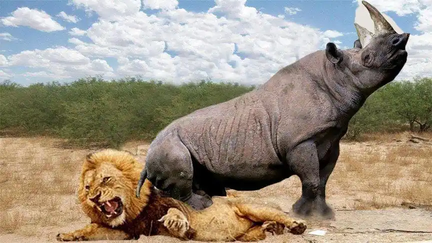 狮子碰上硬岔了,犀牛用牛角攻击狮子,狮子吓得四处逃窜