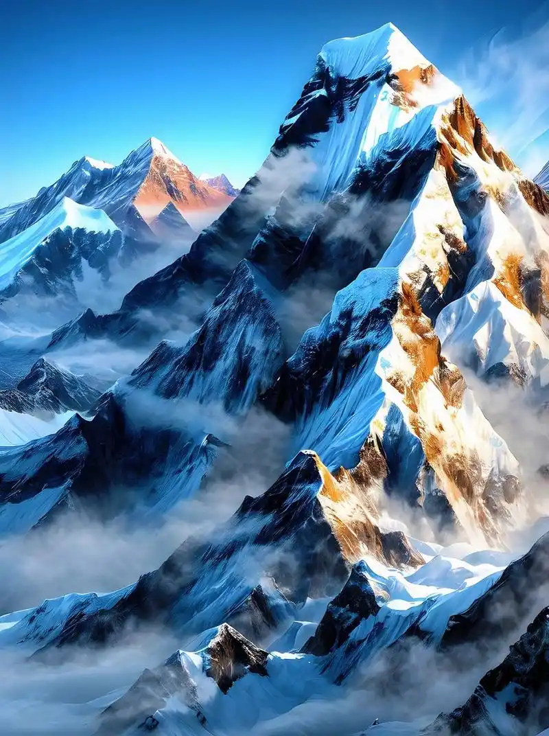 雪山景色,主峰的样貌 以某处雪山为模板刻画出来的雪峰山脉