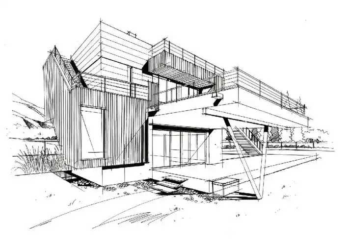 两点透视别墅空间线稿表现