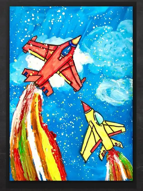 76创意美术水粉翱翔的战斗机